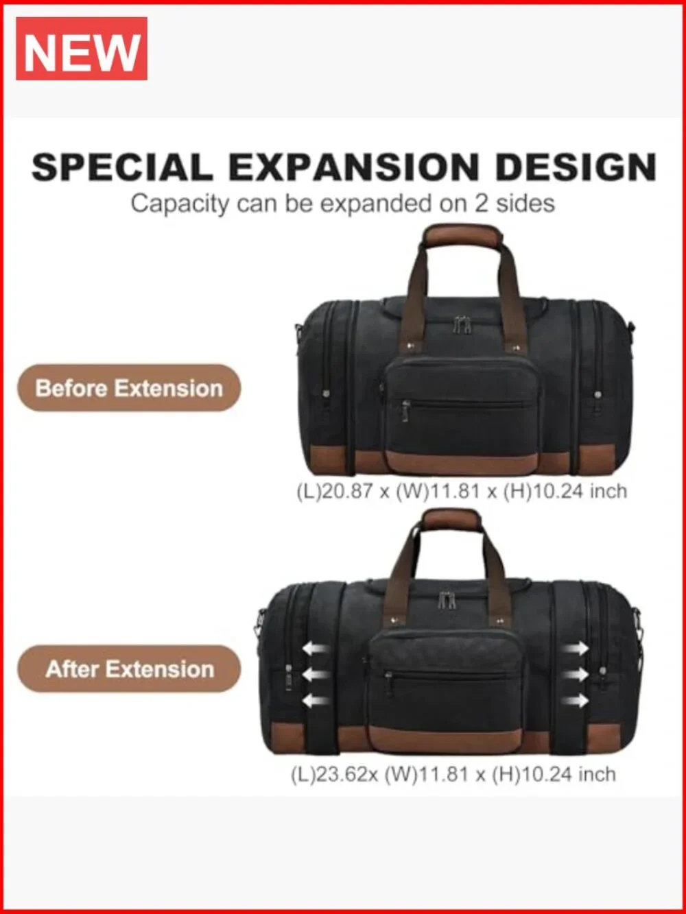 50L Expandable Canvas Travel Duffel Bag with Trolley Sleeve - Overnight Gym